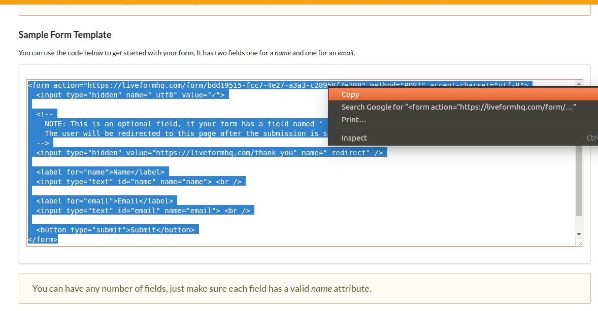 Liveform copying form code